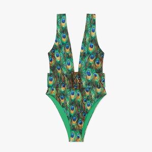 WeWoreWhat Belted Plunge One-Piece in Peacock print